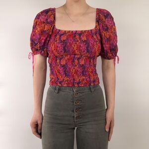 NWT Free People Smocked Puff Sleeve Crop Top Pink Combo Size XS Floral‎ Summer